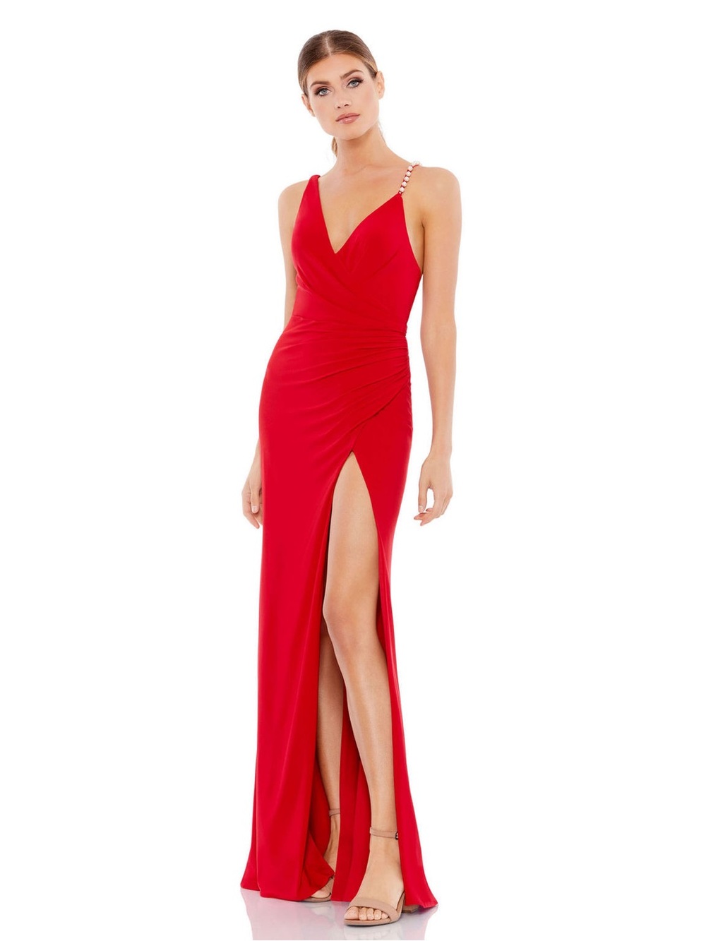 ‼️NEW Mac Duggal Red Long Maxi Formal Evening Dress With Pearl Strap